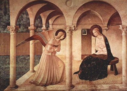 Fra Angelico's The Annunciation (c. 1438): Virgin Mary meets the Angel Gabriel to be told she will give birth to Jesus Christ.